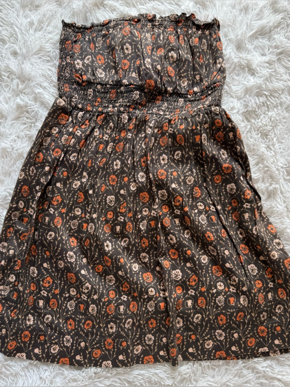 Free People Strapless Floral Dress in Brown with Orange & Cream Flowers